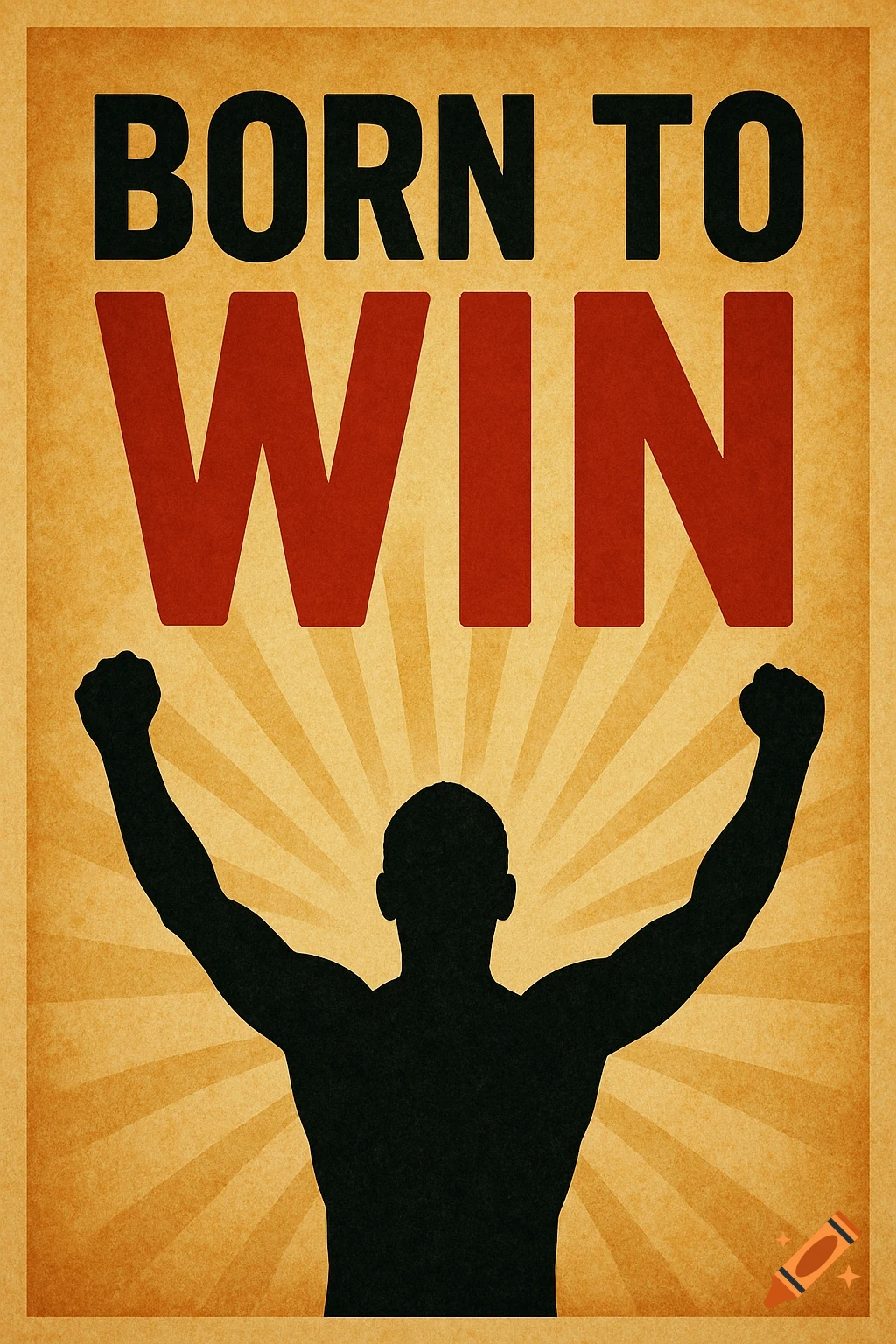 A distressed poster with a sunburst background and the words 'BORN TO WIN' above a silhouette of a person raising their arms.