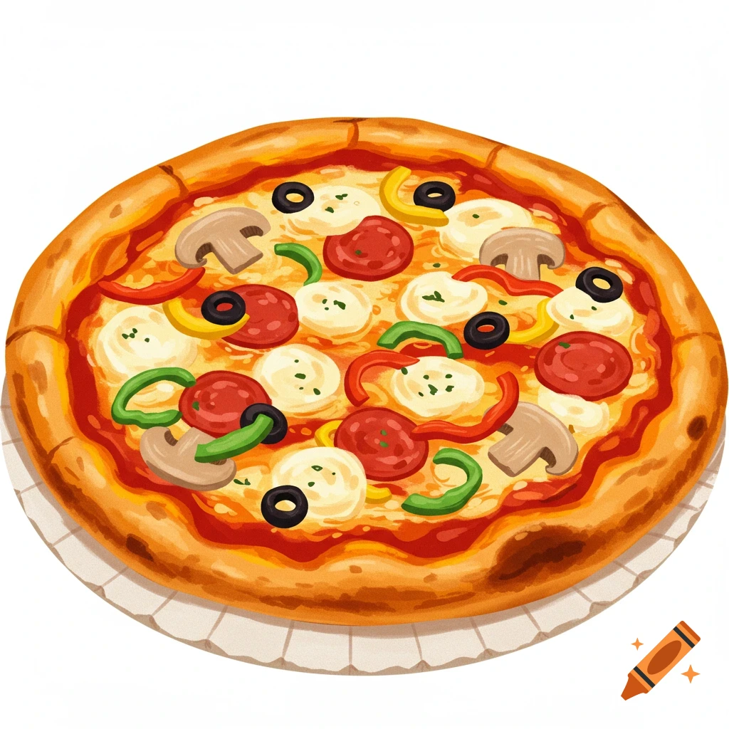A stylized illustration of a pizza with pepperoni, mushrooms, peppers, olives, and mozzarella.