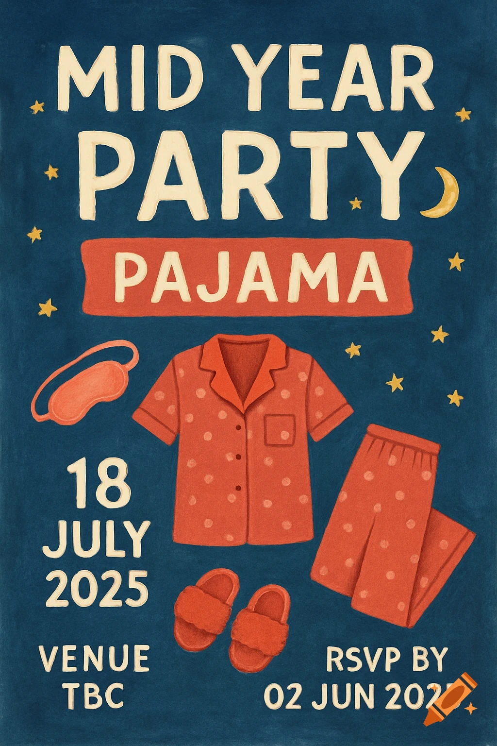 Pajama party invitation illustration with event details, sleep mask, pajamas, and slippers.