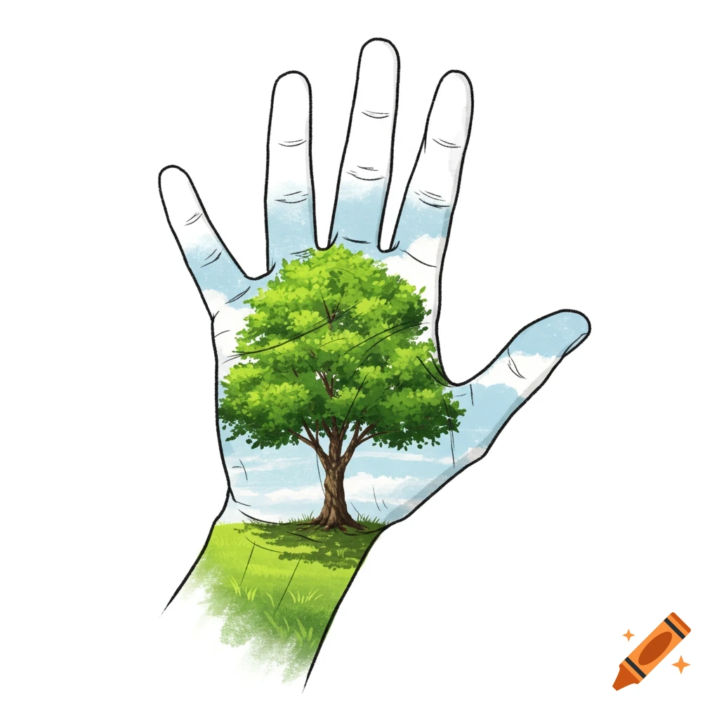 Hand-drawn illustration of an open hand with a tree growing inside, against a sky background.