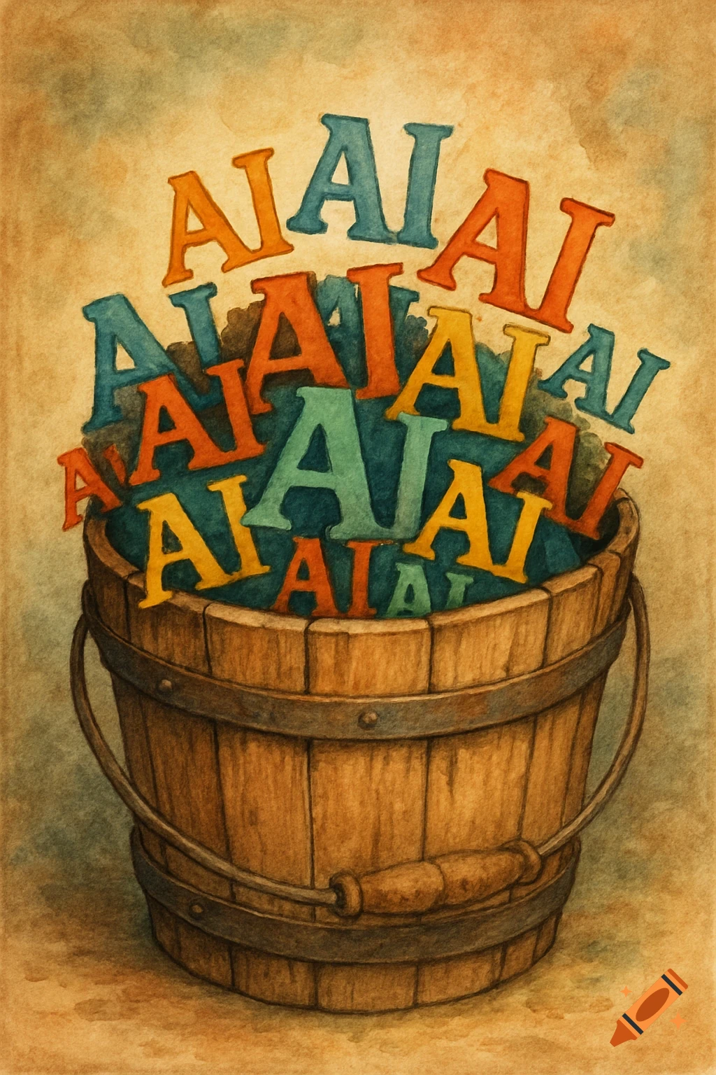 Wooden bucket overflowing with colorful 'AI' letters in storybook watercolor style.