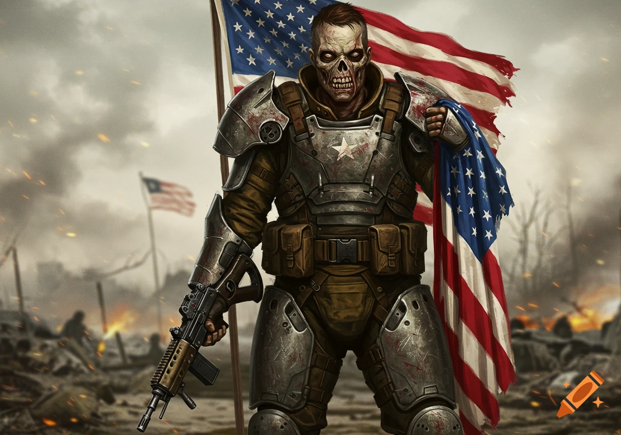 A zombie soldier in power armor stands holding an American flag and a rifle in a destroyed warzone.