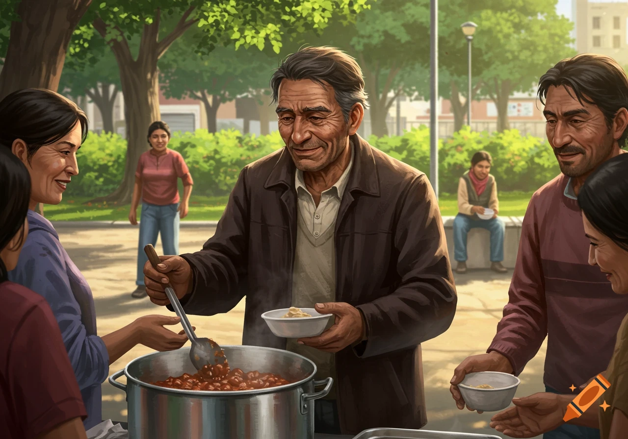 An older man serves food from a large pot to people gathered in a park, illustration.