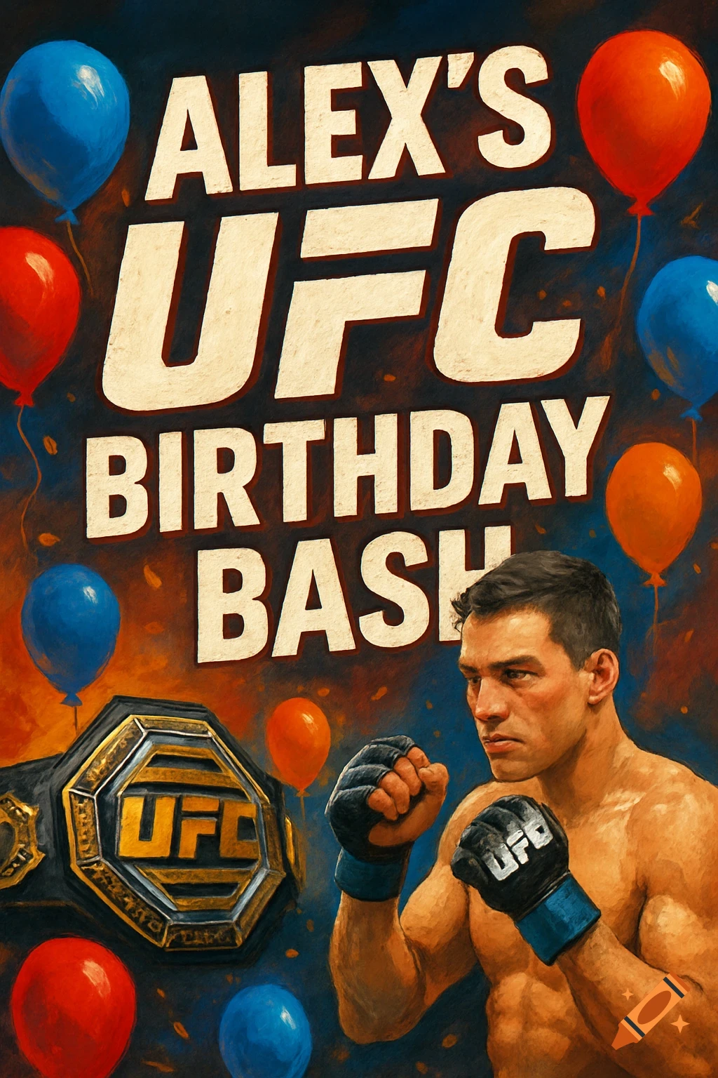 Painting of a UFC fighter, belt, and balloons with the text 'Alex's UFC Birthday Bash'.