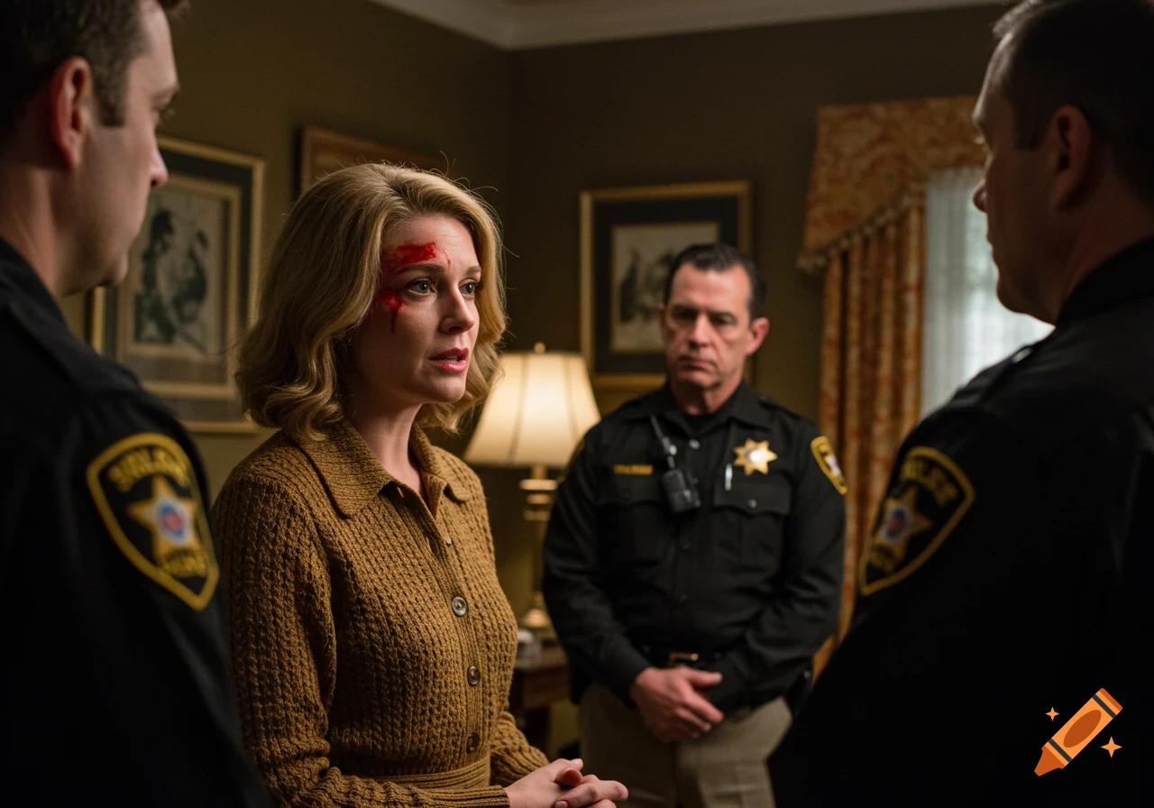 Woman with cut on face talks to two police officers indoors.