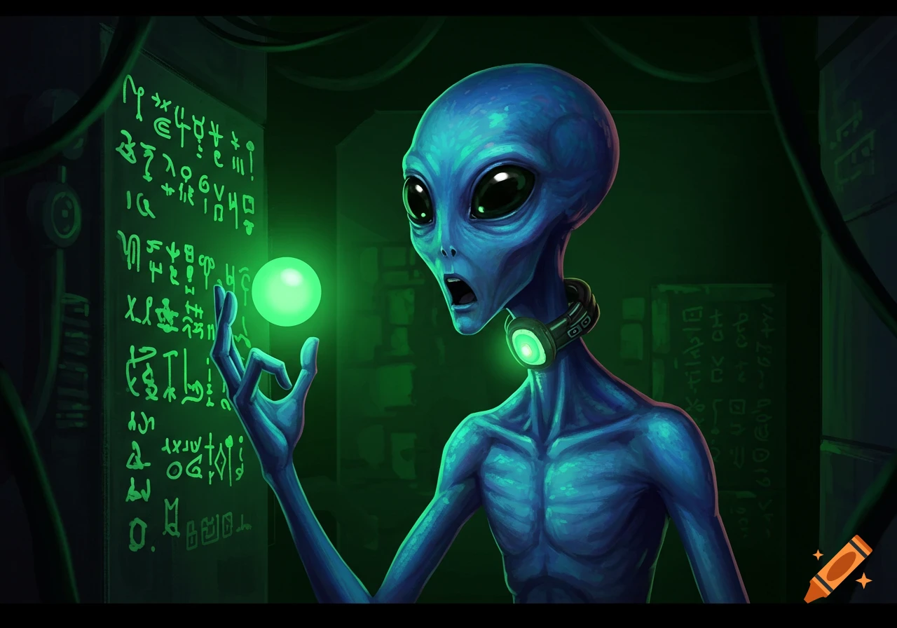 A blue alien holds a glowing green orb beside a wall of glowing symbols.