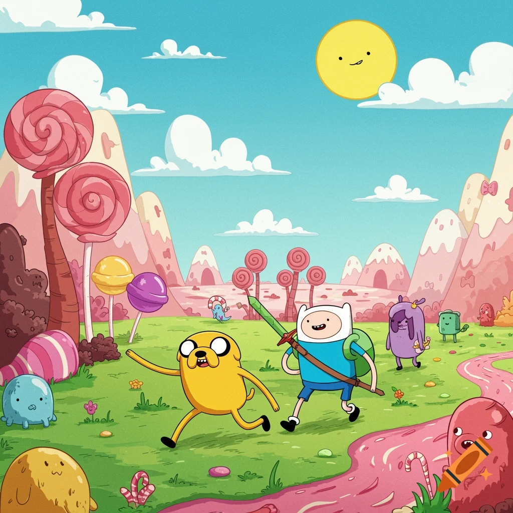 Finn and Jake run through a cartoon candy landscape with other characters.