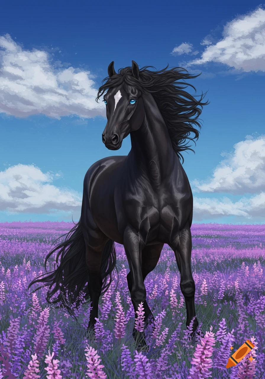 Black horse stands in a field of purple flowers under a blue sky, digital painting.