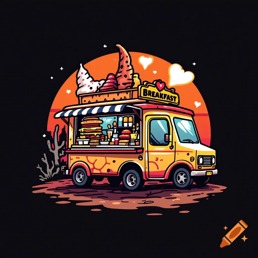 Cartoon illustration of a yellow breakfast food truck with a 'BREAKFAST' sign against an orange sunset background.