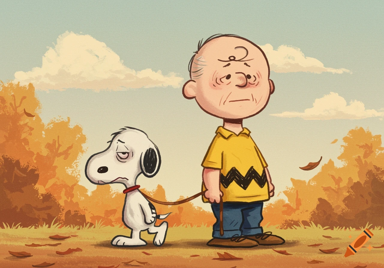 Charlie Brown and Snoopy walking in an autumn forest