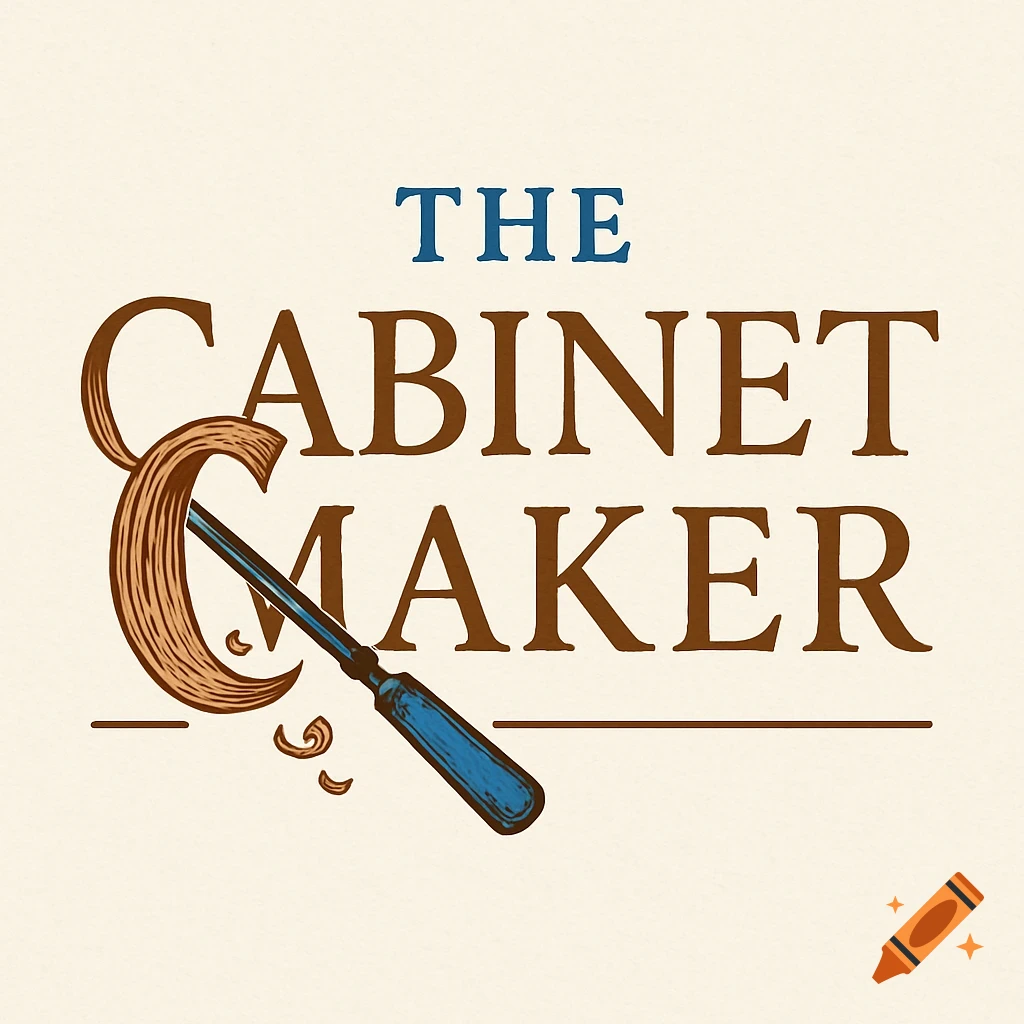 Logo for The Cabinet Maker game, featuring text and a carving tool stylized as carved wood in earthy tones and blue.