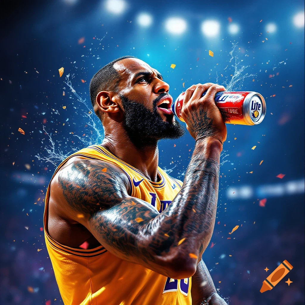 Lebron James in a Lakers jersey drinks from a can with water splashing around him in a basketball arena.