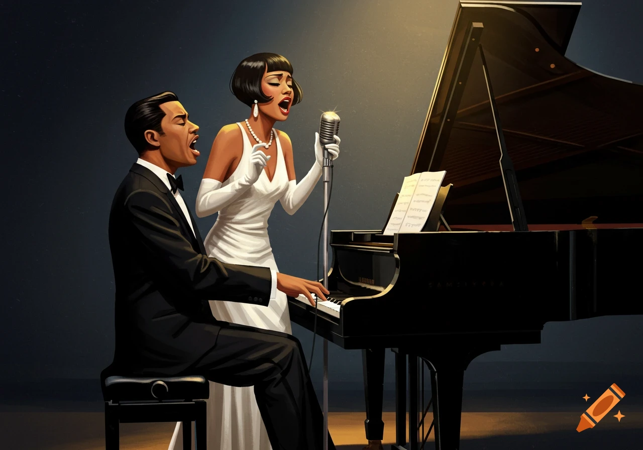 An illustration of a man playing a grand piano while a woman sings into a microphone, both in black and white formal wear.