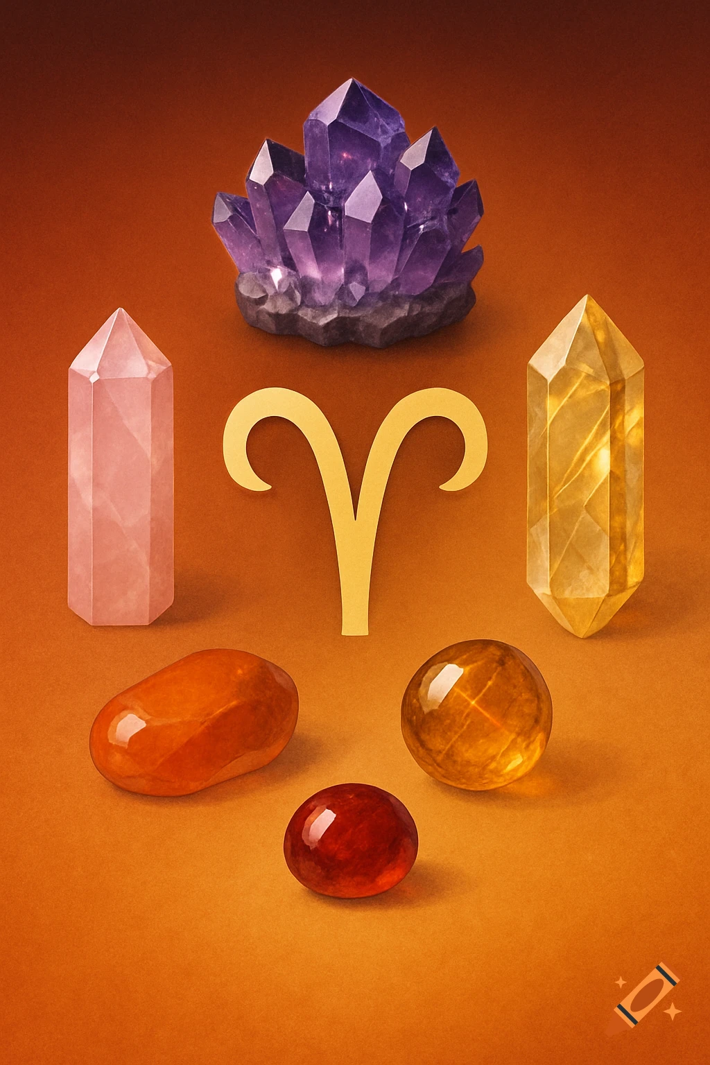 Aries zodiac symbol surrounded by purple amethyst, pink quartz, yellow quartz, orange, and red crystals on an orange background.