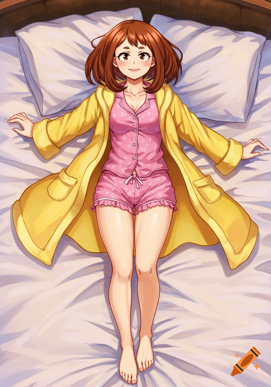 Ochako Uraraka in pink pajamas and yellow robe lying on a bed in anime style