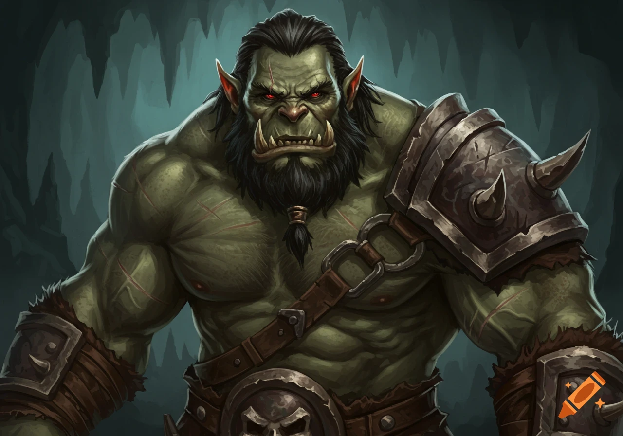 Detailed illustration of a muscular green orc warrior with tusks, red eyes, and spiked armor.