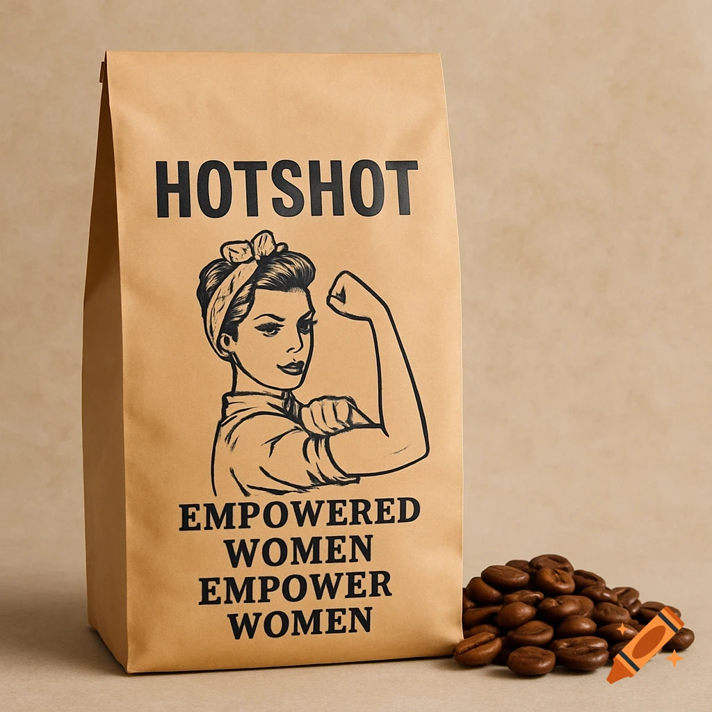 Coffee bag with 'Hotshot' brand and 'Empowered Women Empower Women' quote, with coffee beans next to it.
