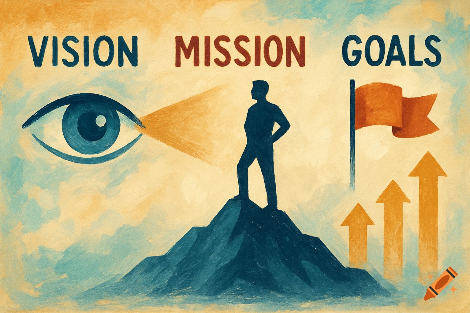 Watercolor illustration of Vision, Mission, Goals concept with eye ...