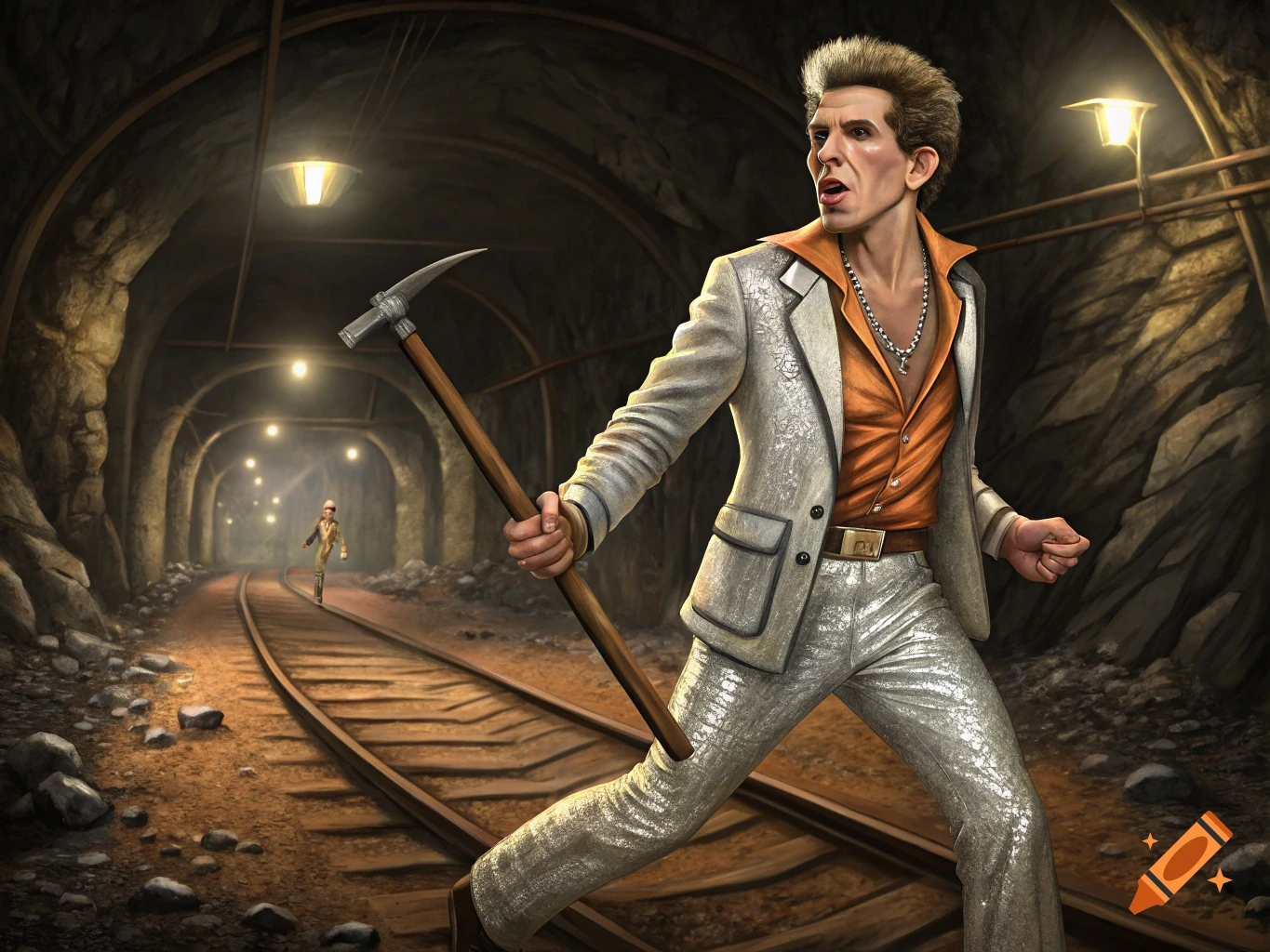 Man resembling Derek Zoolander in sparkly suit holds pickaxe in underground mine.