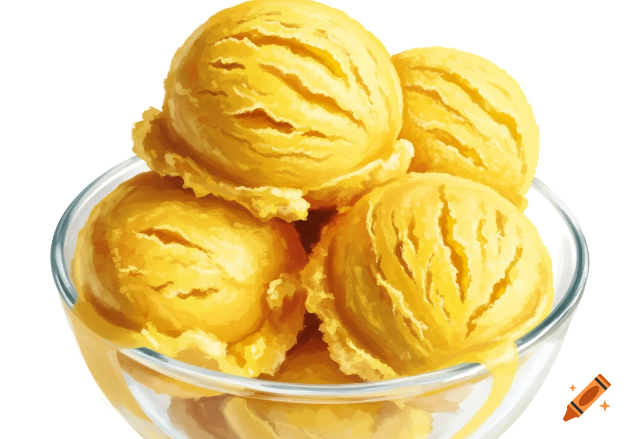 A close-up illustration of yellow ice cream scoops in a glass bowl.