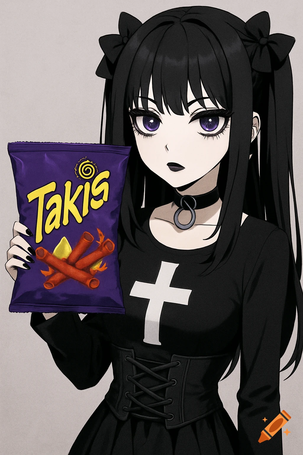 Anime goth girl with black hair and purple eyes holding a bag of Takis chips.