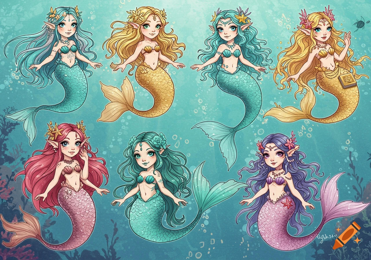Eight colorful chibi mermaids underwater with flowing hair and shimmering tails.