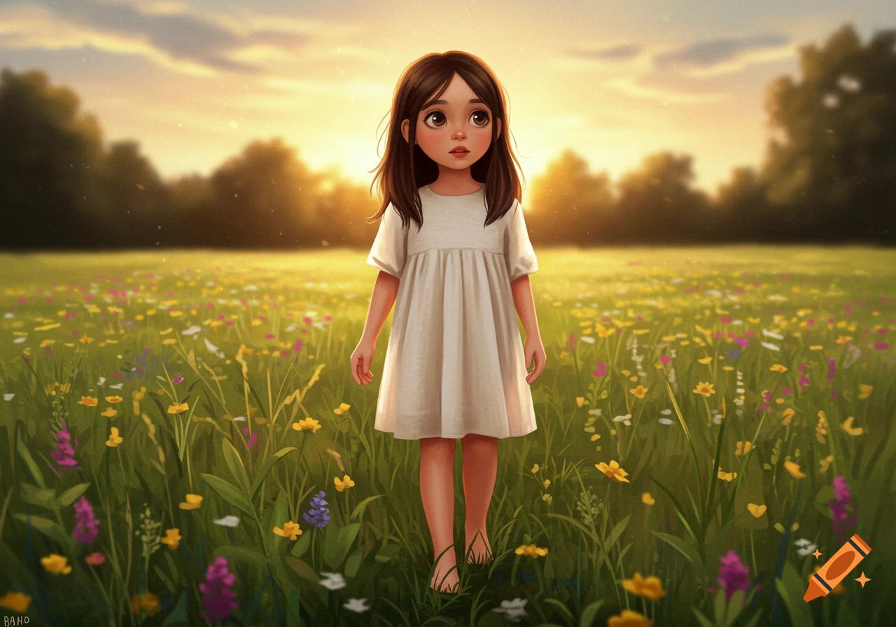 A young girl stands barefoot in a field of wildflowers at sunset in a ...