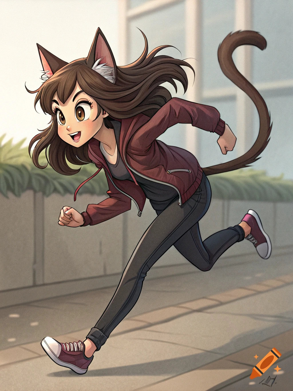Cartoon anime catgirl running outside