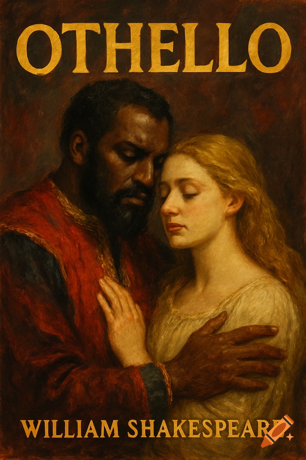 Painting of Othello and Desdemona embracing, styled as a poster for Shakespeare's play, with title and author text.