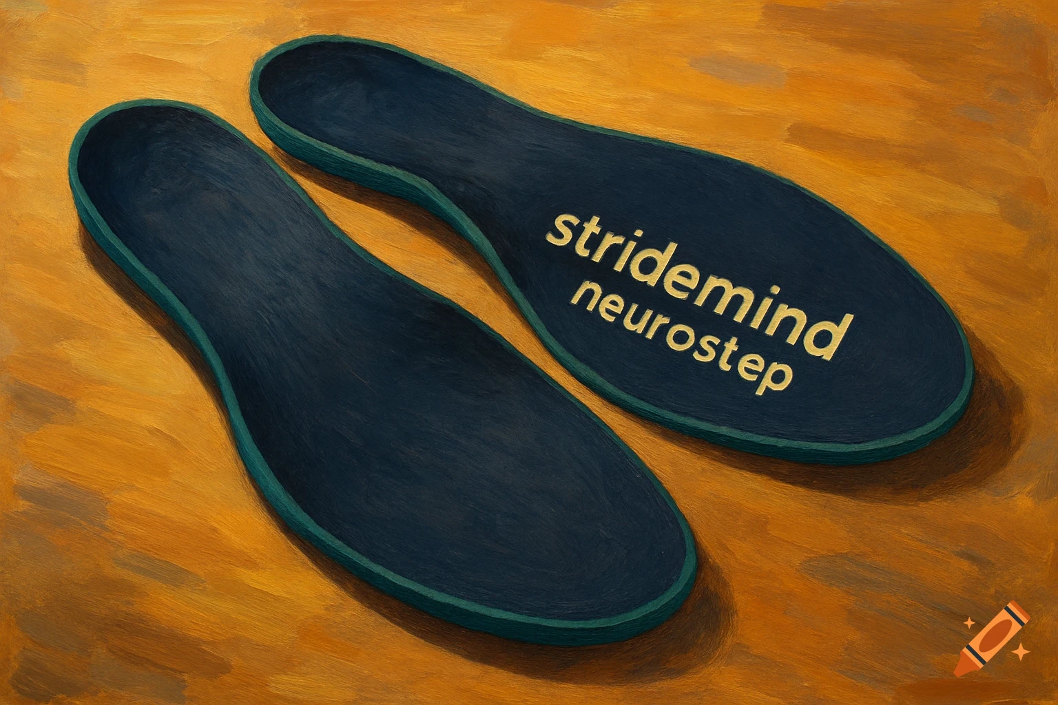 Pair of dark blue shoe insoles with green trim, featuring the words 'stridemind neurostep' in gold text, on a textured orange surface.