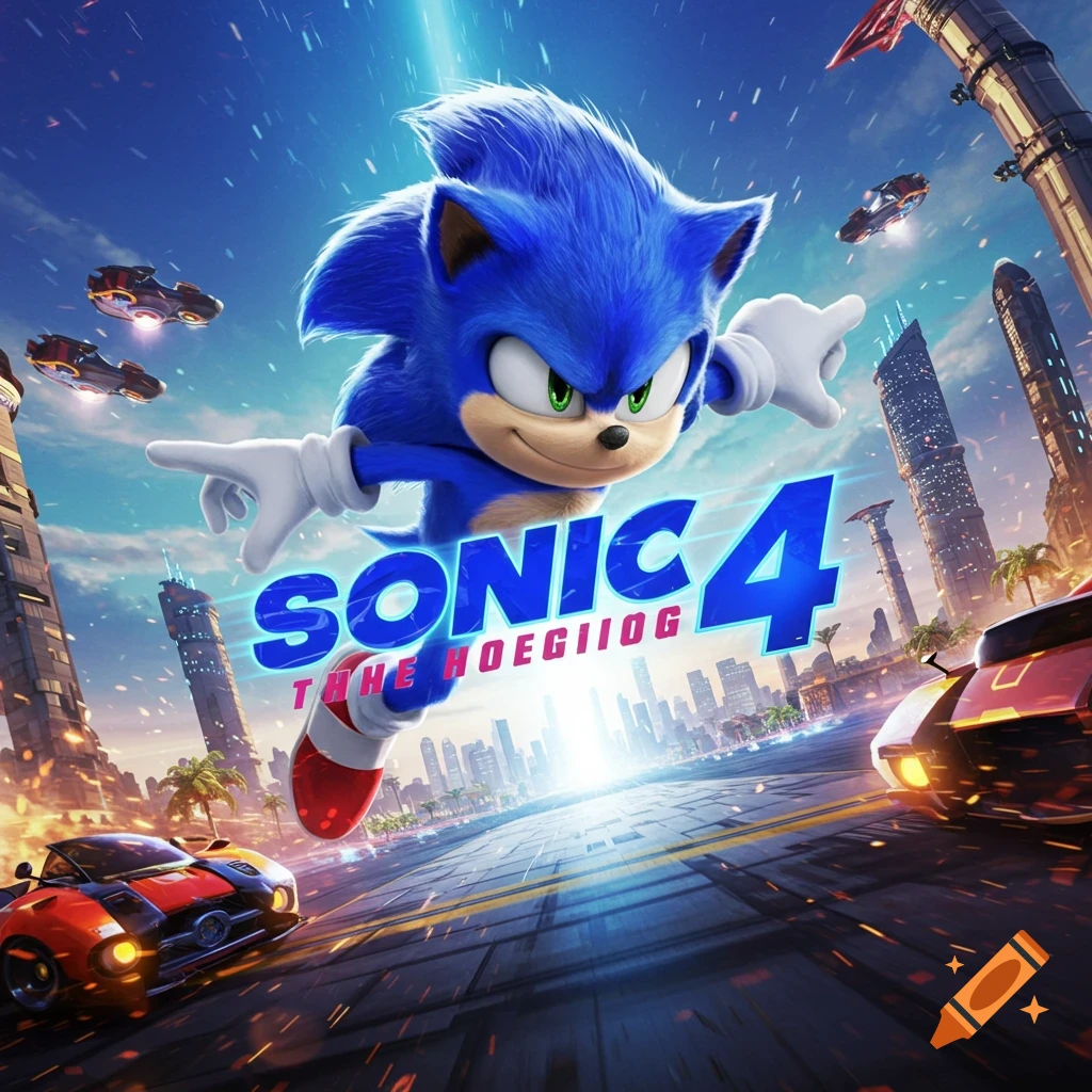 Sonic the Hedgehog jumps in a futuristic city with vehicles, featuring a 'SONIC 4' logo.
