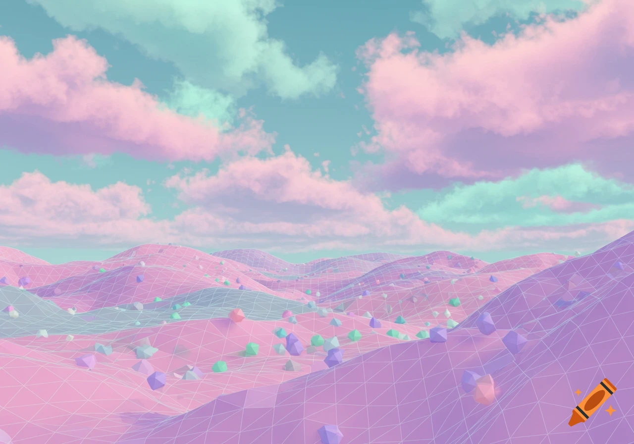 Pastel geometric landscape with pink hills, scattered shapes, and a pastel sky.