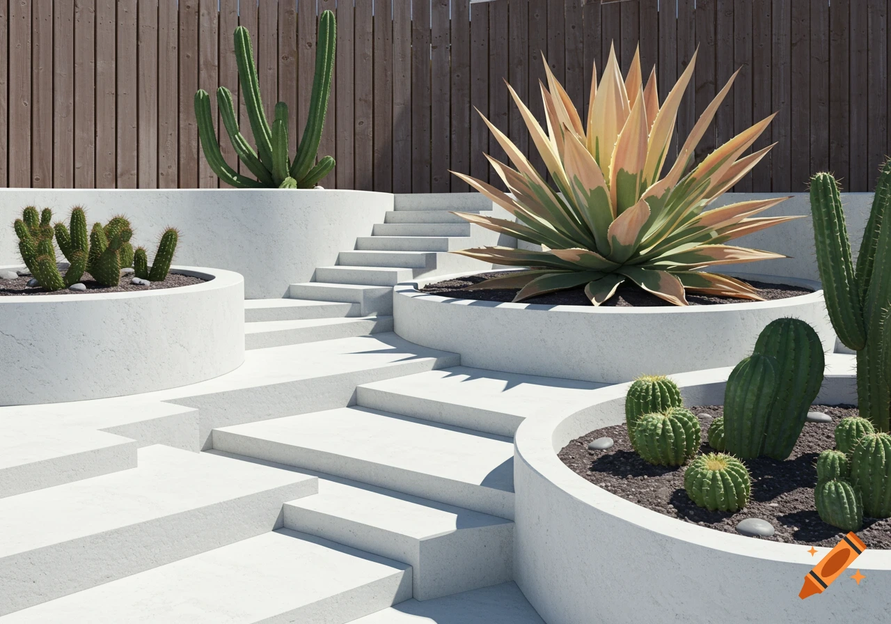A modern garden with concrete steps and planters filled with cacti and an agave plant.