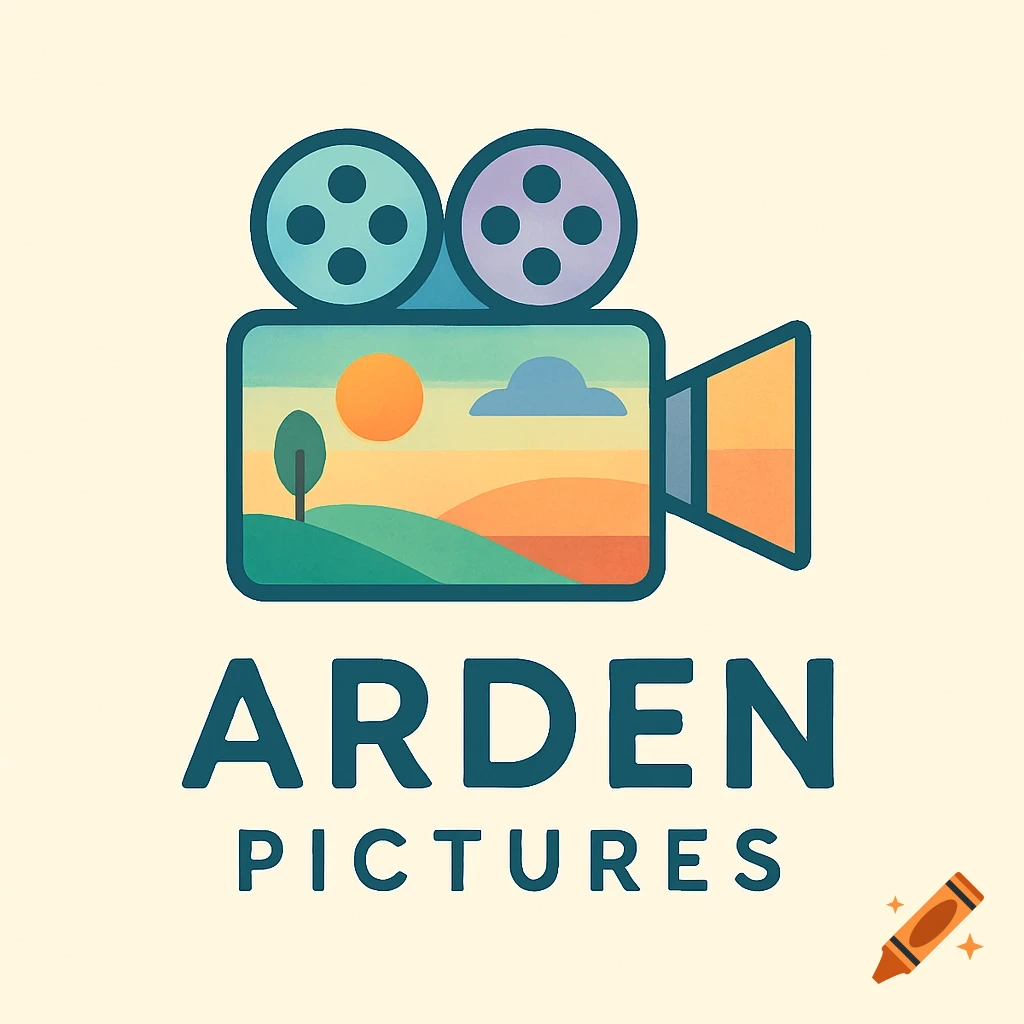 Logo of a film camera with a colorful landscape inside the frame and the text 'ARDEN PICTURES' below.