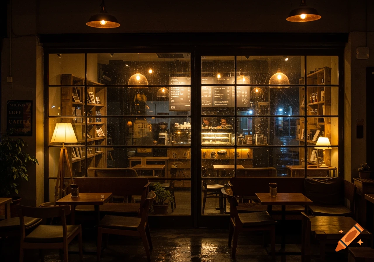 View through a rainy window into a warm coffee shop interior at night with tables, chairs, and warm lighting.