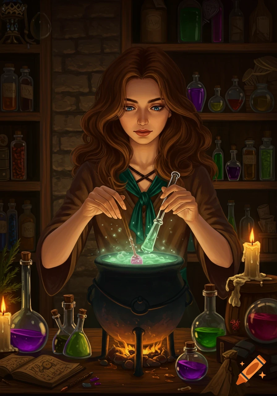 Young woman with brown hair making a glowing potion in a cauldron in a dimly lit room filled with bottles and books