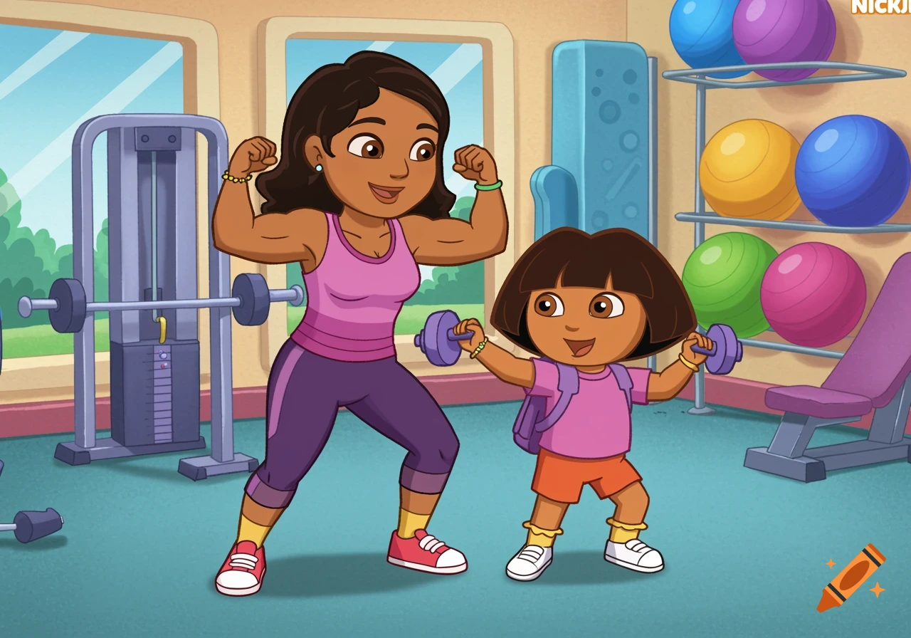 Cartoon of Dora the Explorer and her mother flexing their muscles while exercising in a gym.