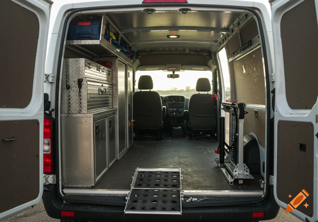 Interior view of a white van with open rear doors, showing storage cabinets, toolboxes, ramp, and bike mount inside.