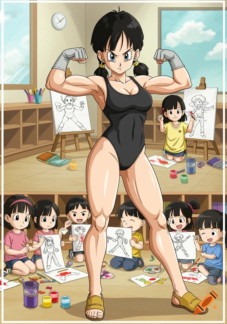 Anime character Videl flexing in a black swimsuit in a kindergarten art class while children draw her.