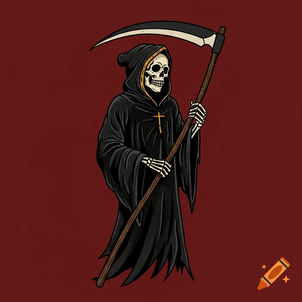 American traditional tattoo of the Grim Reaper holding a scythe.