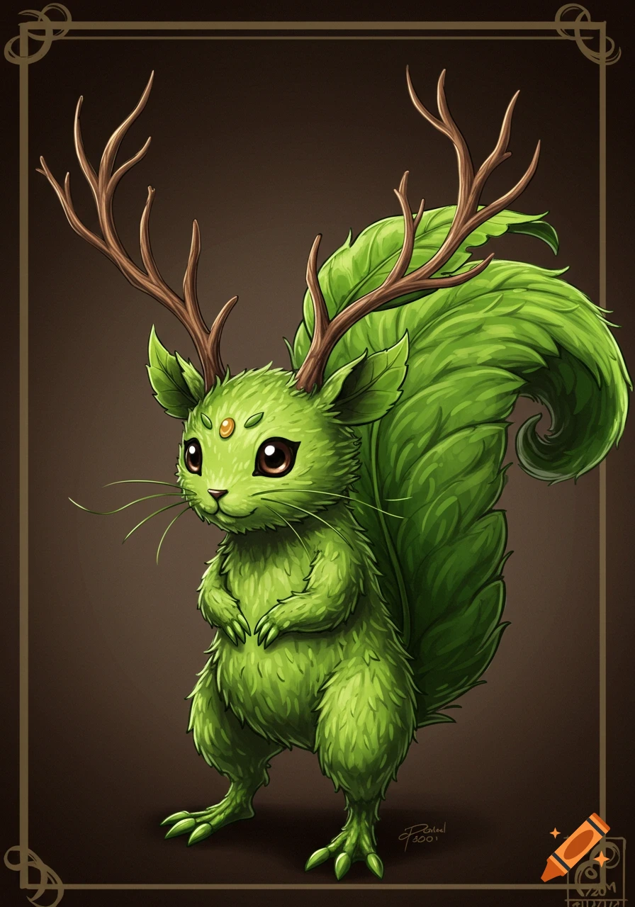 A cute green squirrel-like fantasy creature with twig antlers and a leafy tail, standing on its hind legs.
