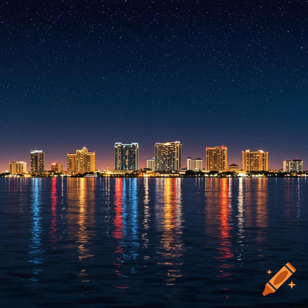 A night view of a city skyline reflected in the water under a starry ...