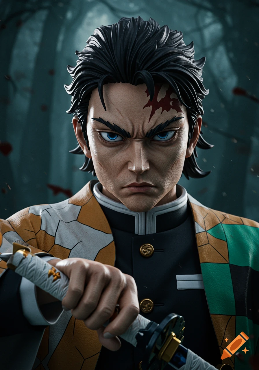 Detailed 3D rendering of an angry anime character holding a sword, styled like a collectible statue