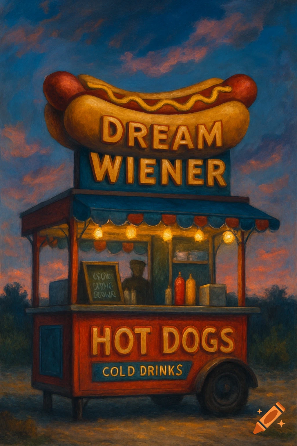 A painterly illustration of a hot dog stand with signs reading 'Dream Wiener', 'Hot Dogs', and 'Cold Drinks' under a cloudy sky.