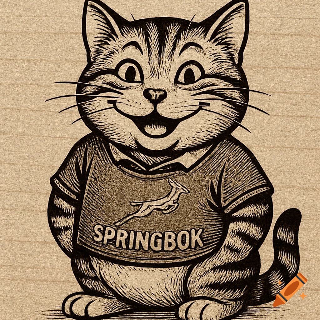 Engraving of a smiling tabby cat wearing a Springbok shirt on a wood background.