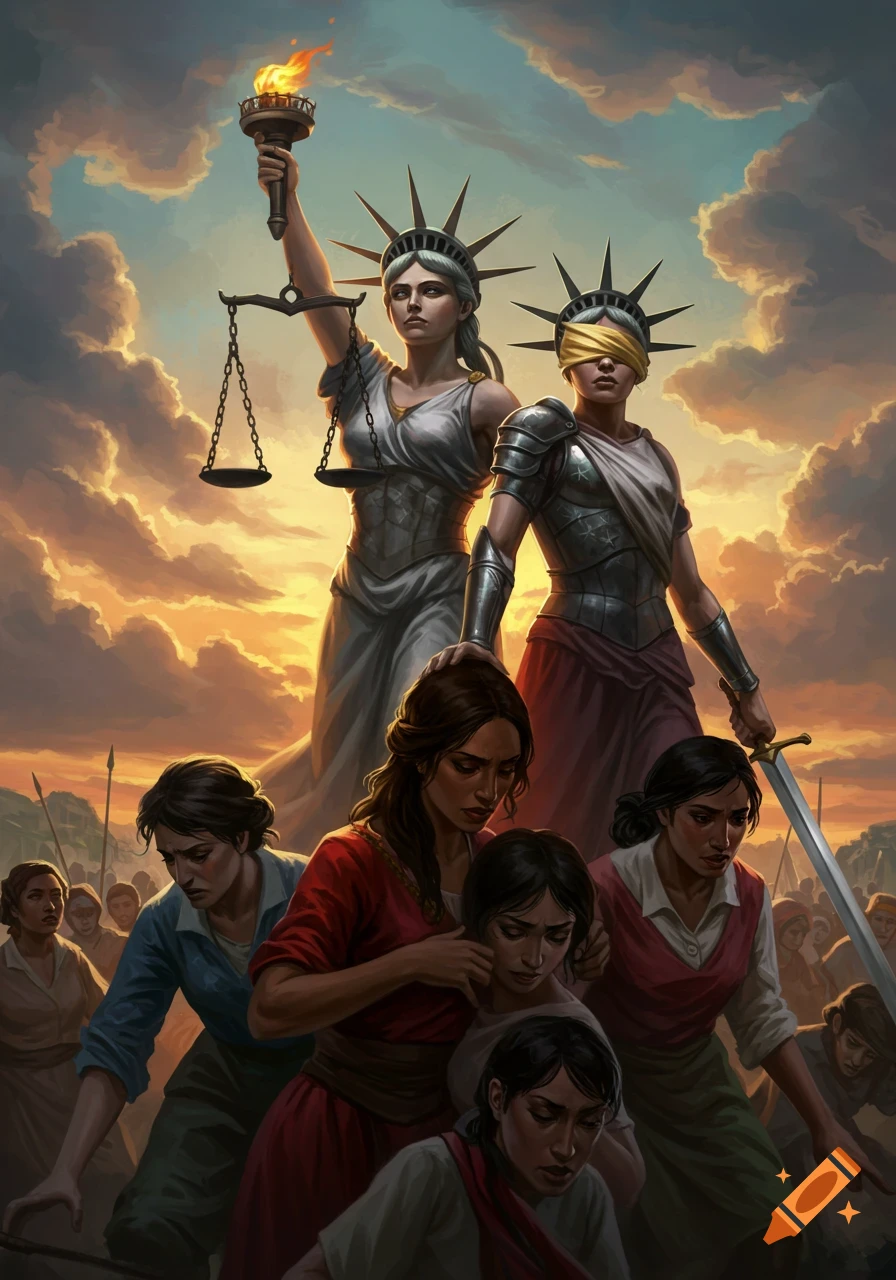Allegorical painting of Lady Liberty and Blind Justice defending women under a dramatic sky.