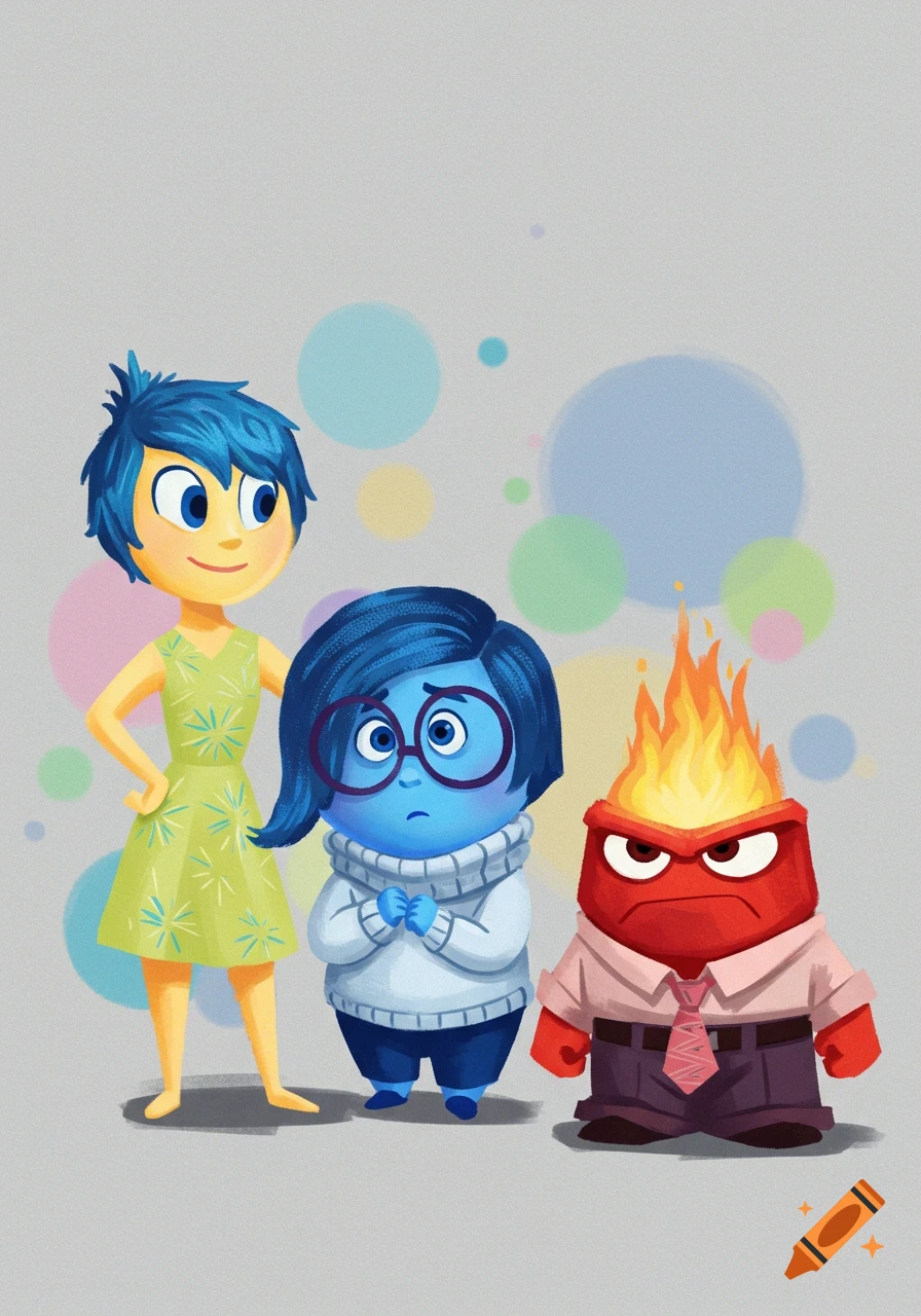 Illustration of Joy, Sadness, and Anger from Inside Out against a grey background with colorful circles.