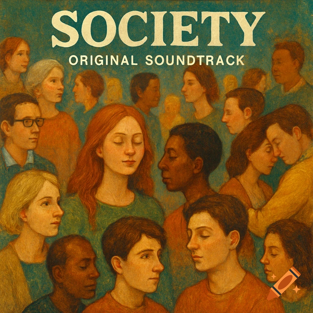 An artistic painting of many diverse people in a crowd. Text reads 'SOCIETY ORIGINAL SOUNDTRACK'.
