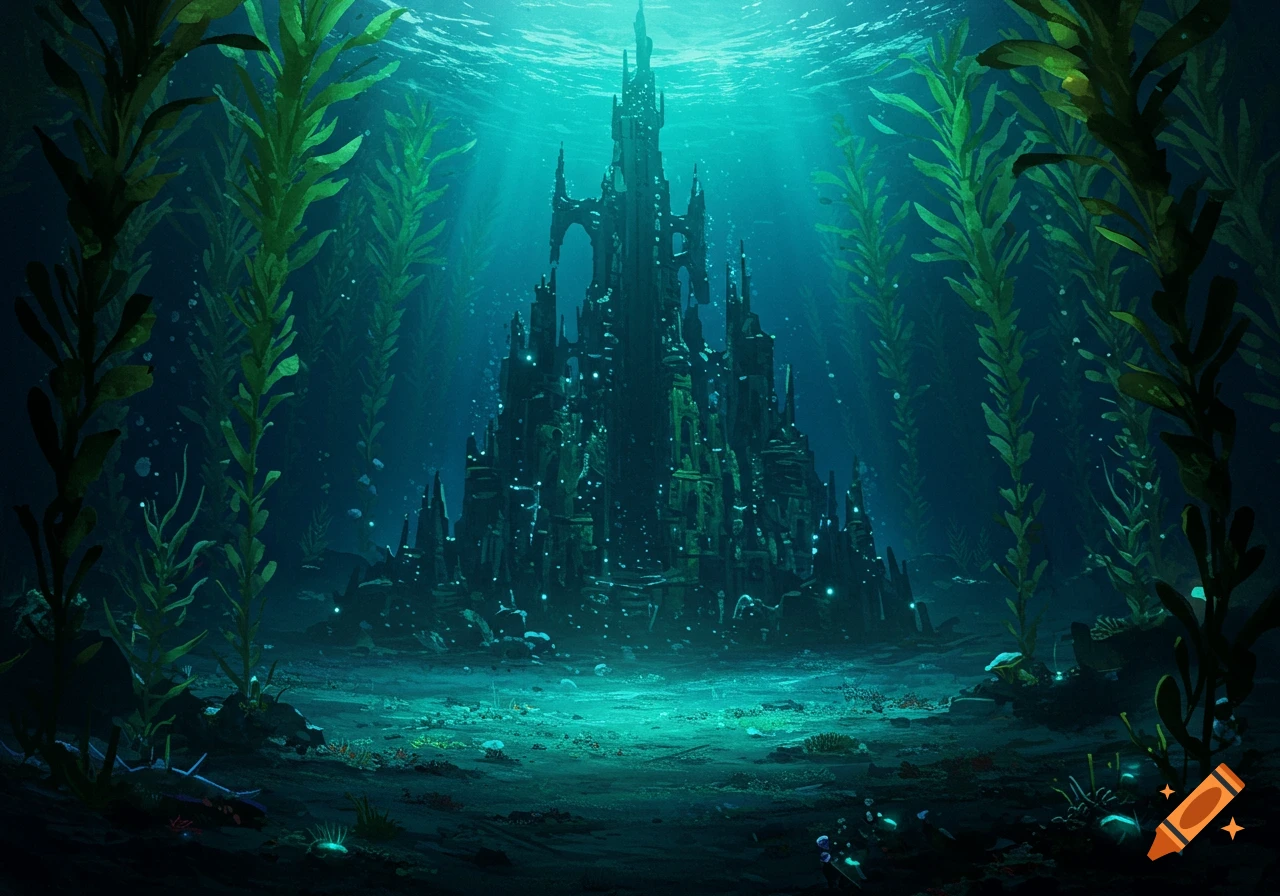 Underwater scene with a dark castle and tall green kelp.