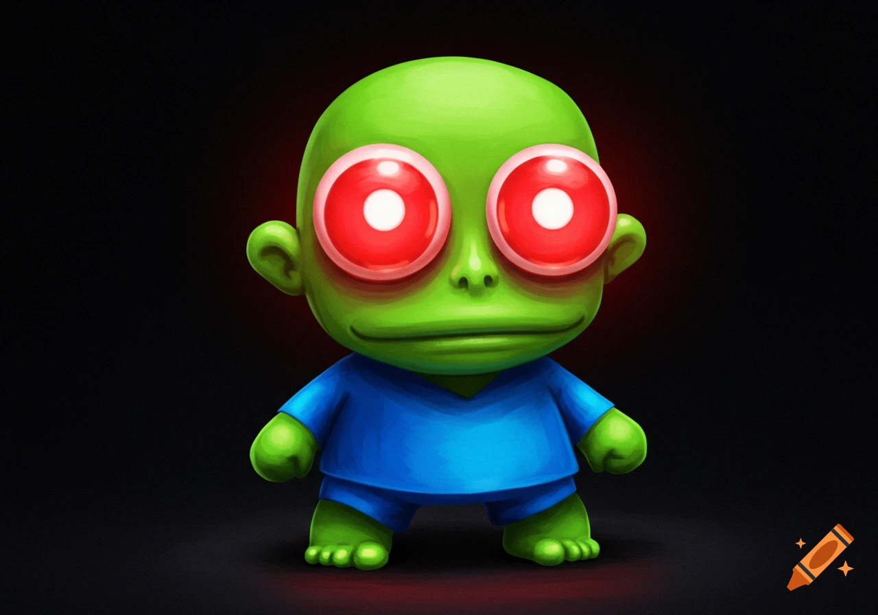 A cartoon green alien creature with large red glowing eyes, wearing a blue shirt and shorts, stands on a dark background.